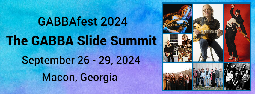 Graphic that reads: GABBAFest 2024, The GABBA Slide Summit, September 26-29, 2024, Macon, Georgia with a tie dye background and photos of GABBAFest headliners